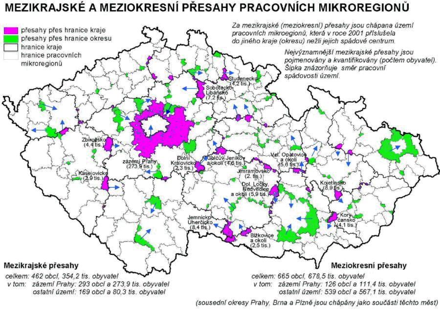 Kartogram 4. Mezikrajské a meziokresní přesahy pracovních mikroregionů